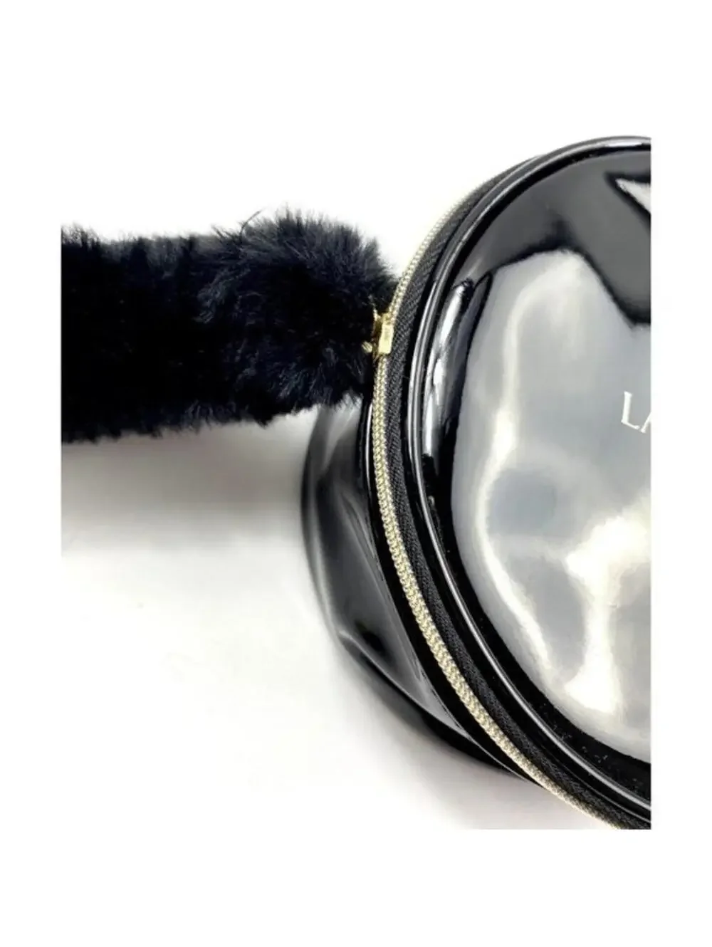 Lancome Paris Makeup Bag Black Circular Makeup Travel Carrier Case Fur Wristlet